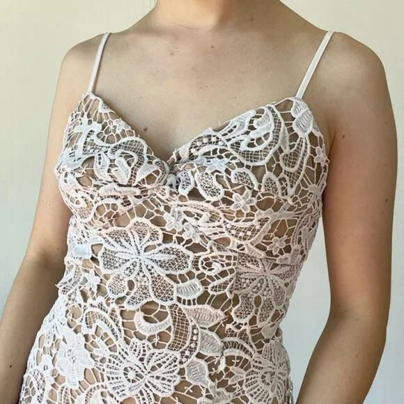 Guess Sleeveless White Floral Lace Bodycon Mini Dress Spaghetti Strap Tan Slip S - Picture 3 of 11
